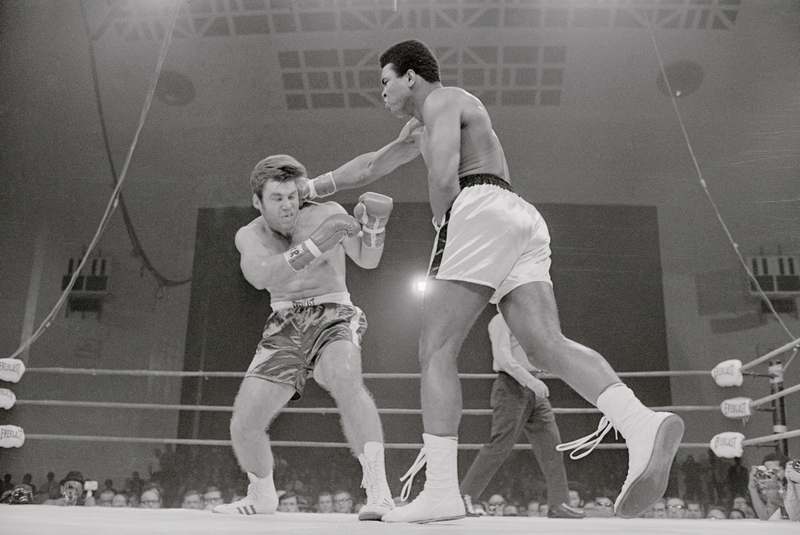 Cassius Clay scores with a vicious right to the head of Jerry Quarry in the third round of their scheduled 15 round bout here. Because of a bad cut over the left eye of Quarry, Clay scored a TKO in the third round when the referee stopped the fight.Getty Images